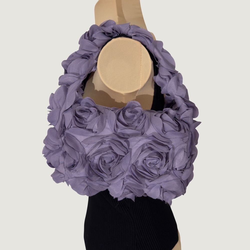 3067 | Floral Rosette Cottagecore Textured Top Handle Evening Bag Lavender Women